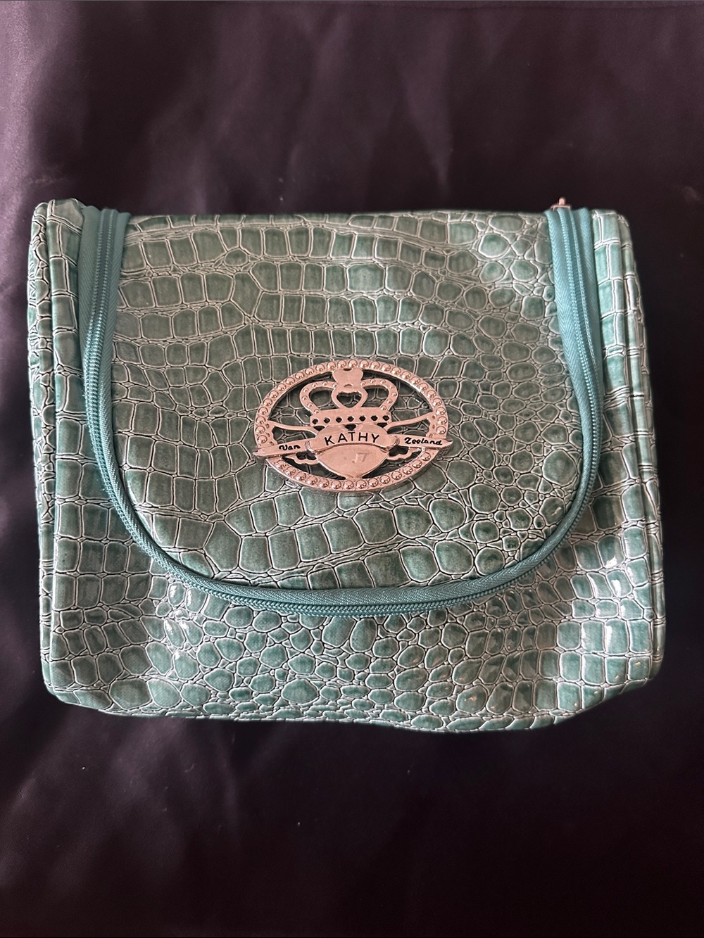 kathy ireland teal croc-embossed travel cosmetic case with metal logo